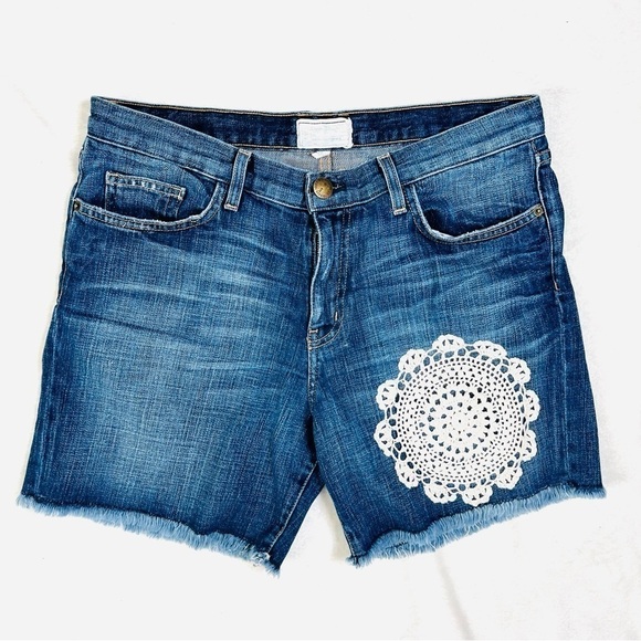 Current Elliot High Rise The Rolled Short Crochet Lace Denim Jean Shorts Frayed - Picture 9 of 16